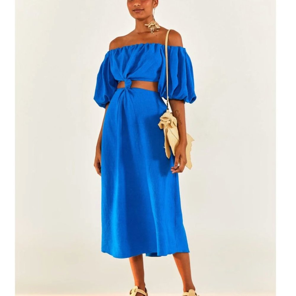 Farm Rio Knotted Cut Out Linen Blend Midi Dress Blue